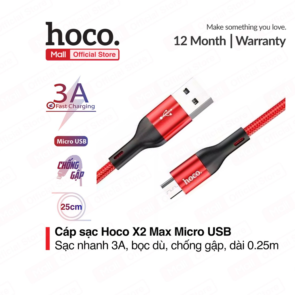 Cáp sạc nhanh Hoco X2 Max Micro USB sạc nhanh 3A, đầu sạc chống gập, dây dù truyền dữ liệu cho Android dài 0.25m