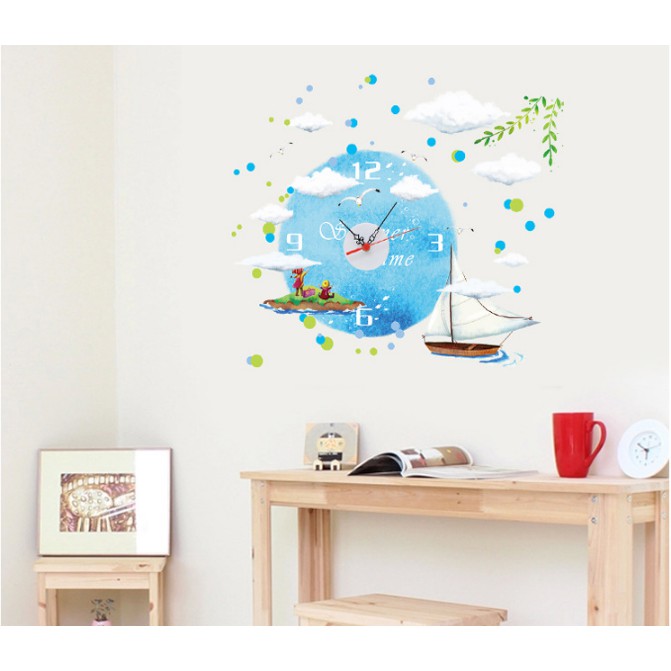 Decal trang trí Kèm Đồng Hồ dán tường - mẫu thuyền lớn và trởi xanh ( Cao cấp )
