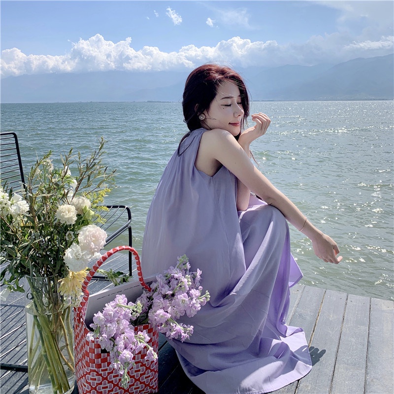 Váy Đầm đi biển nữ đẹp maxi 2 dây dáng dài rộng bigsize bikini màu tím vintage cổ vuông babydoll hở lưng 6213 DK1T101