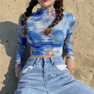 Áo cổ cao ôm body croptop mỏng tay dài hình thiên thần có cánh độc lạ ulzzang ( 2 màu )