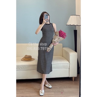 Váy maxi thun kẻ đen trắng