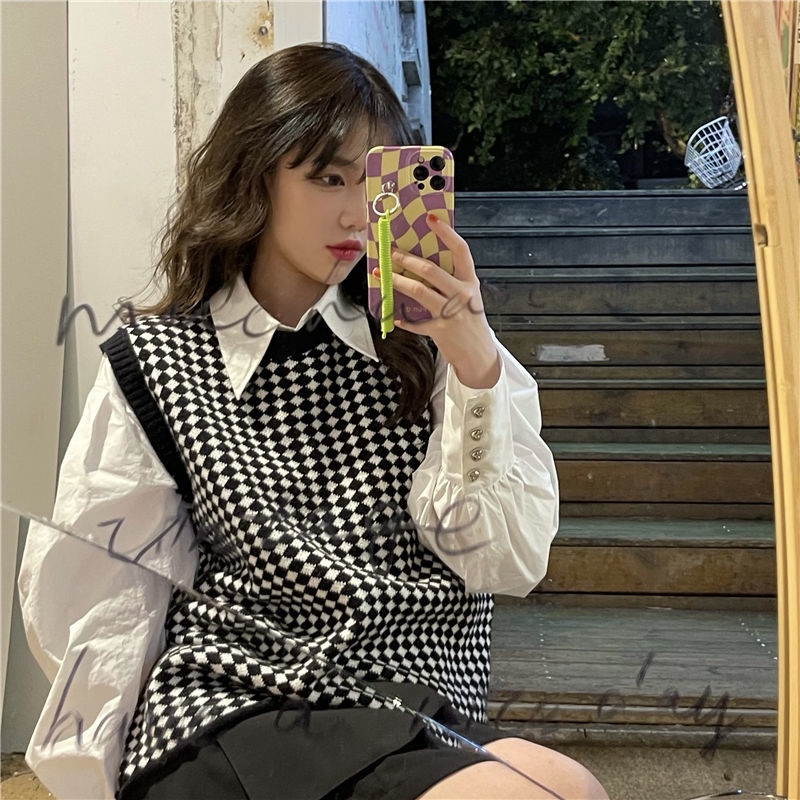 Áo dệt kim sát nách cổ tròn màu sắc tương phản thời trang mùa thu Hàn Quốc cho nữ