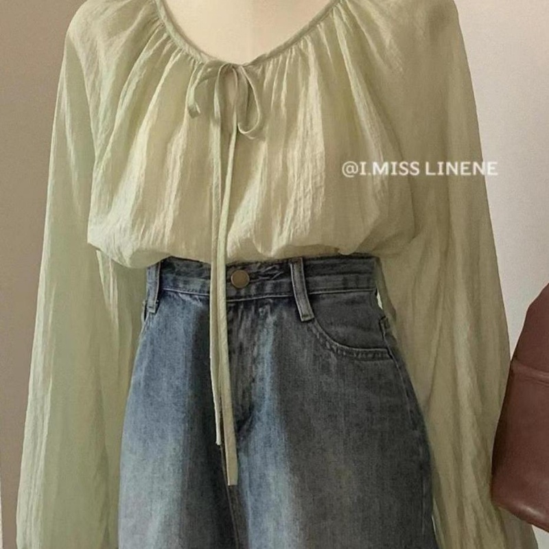 Áo Kiểu Tay Dài Cổ Tròn Cột Dây Xếp Ly Màu Trơn Thời Trang Mùa Thu 2022 Dành Cho Nữ