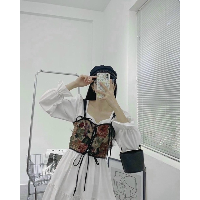Meraki D12 - White Dress With Corset - Đầm trắng tay loe kèm corset hoa đan ngực