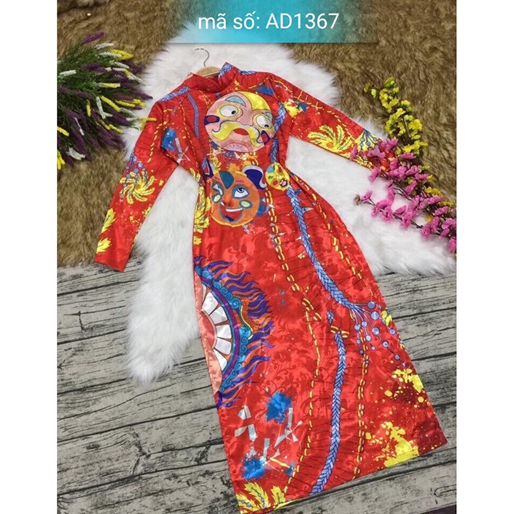 Có bigsize 4XL AD1367 Set Áo Dài TRUYỀN THỐNG gấm in họa tiết tết múa lân tết nền đỏ kèm quần ống rộng.
