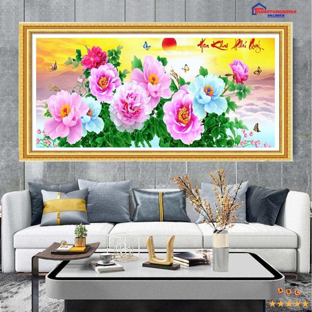 Tranh đính đá hoa mẫu đơn hoa khai phú quý 1m10 x 55cm