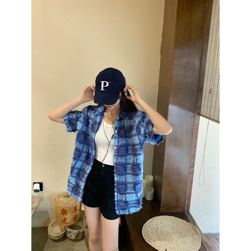 Áo Sơ Mi Tay Ngắn Họa Tiết Kẻ Ô Vuông Thời Trang Phong Cách Hàn Quốc Cho Nữ