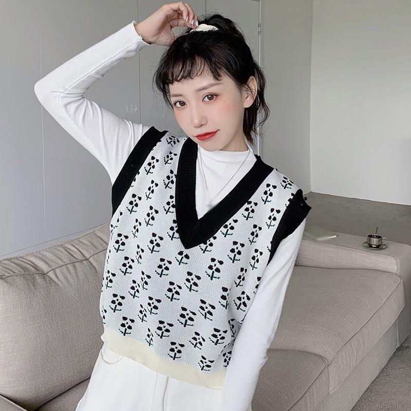 Áo Dệt Kim Sát Nách Cổ Chữ V Màu Sắc Tương Phản Phong Cách Retro Hàn Quốc | BigBuy360 - bigbuy360.vn