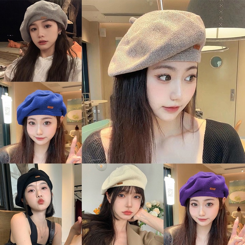 Mũ Họa Sĩ Hàn Quốc Ngọt Ngào Nhãn Dán Nhỏ Bằng Da Màu Trơn In Chữ
