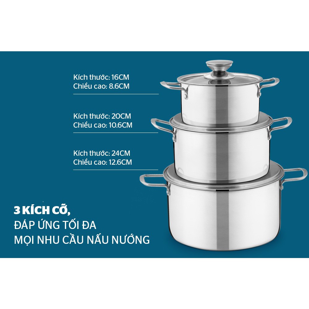 Bộ nồi inox 1 đáy dùng được mọi loại bếp SUNHOUSE SH114(16 - 20 - 24cm)