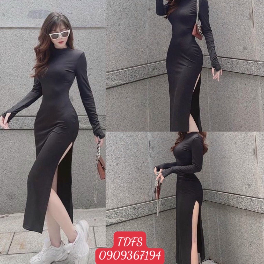 Đầm body Form dài xẻ tà sâu hai bên tay dài xỏ ngón