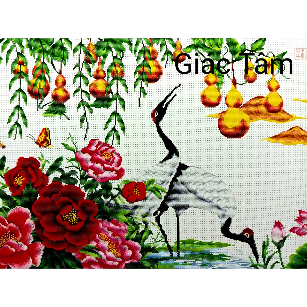 Tranh thêu LỤC HẠC SONG NGƯ HOA SEN MẪU ĐƠN TÙNG NÚI CHỮ - 154x62cm -  D125 P4074 - tranh thêu chữ thập chưa thêu