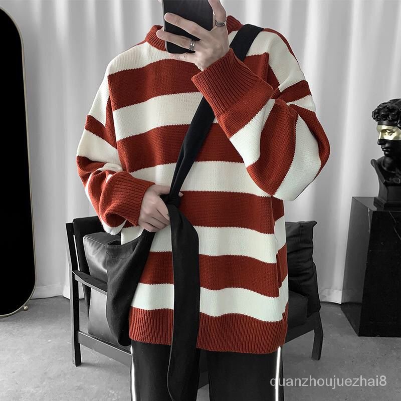 Áo Sweater Dệt Kim Dáng Rộng Kẻ Sọc Màu Sắc Tương Phản Phong Cách Hàn Quốc Cho Nam