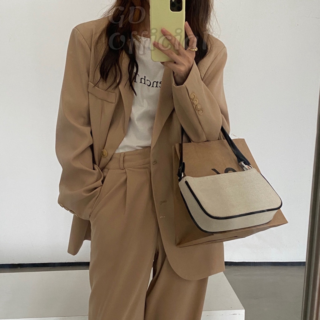 B27|Set bộ nữ áo khoác blazer trơn dài tay dày dặn, quần tây cạp lưng cao dáng rộng suông chất kaki nâu,vàng GD Official