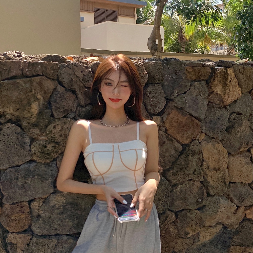 Áo hai dây dệt kim ZHELIHANGFEI dáng ngắn có đệm ngực phong cách gợi cảm