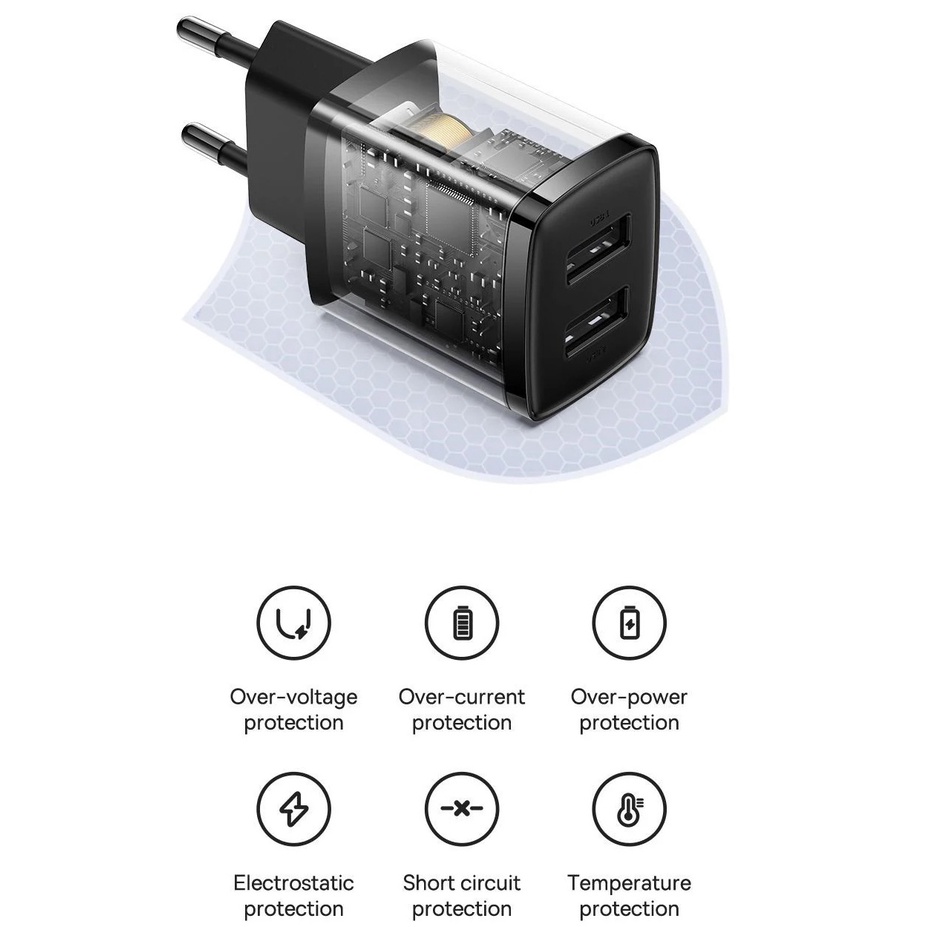 Củ Sạc 2 Cổng 2.1A Baseus Compact 10.5W Cho IP, Samsung, Oppo, Huawei, Xiaomi,... [CHÍNH HÃNG]
