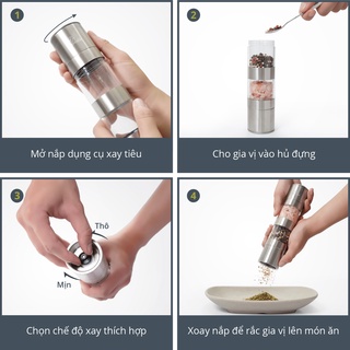 Dụng Cụ Xay Tiêu Và Muối 2 trong 1 Benchusch - Xay Thủ Công 2 Lưỡi Xay Ceramic & 2 Ngăn Đựng Gia Vị