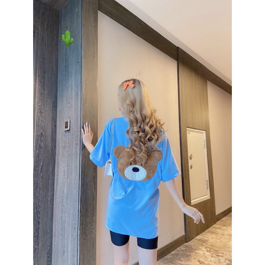 Áo sơ tay lỡ form rộng thêu hình gấu sau lưng cực xinh , chất kate mềm mịn