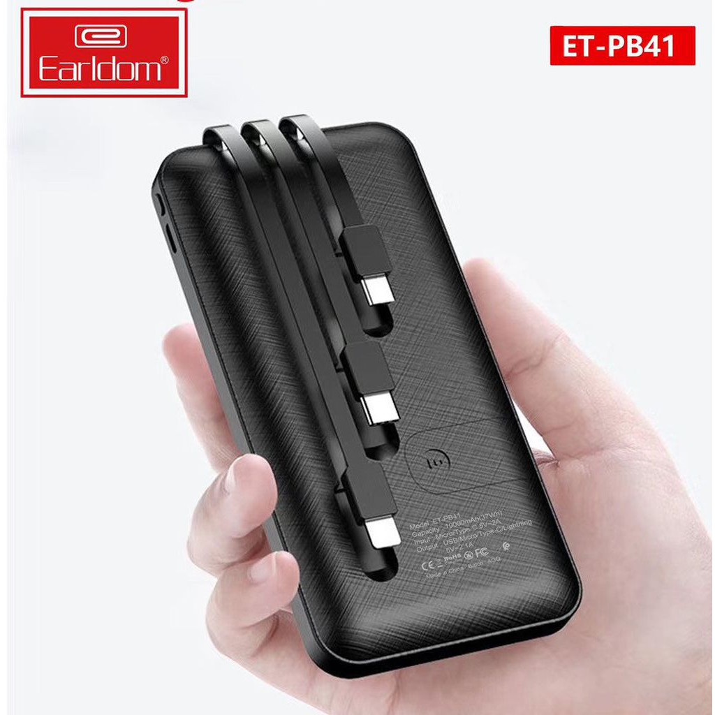 Sạc dự phòng gắn cáp 3 đầu Earldom 10.000MAH PB-41