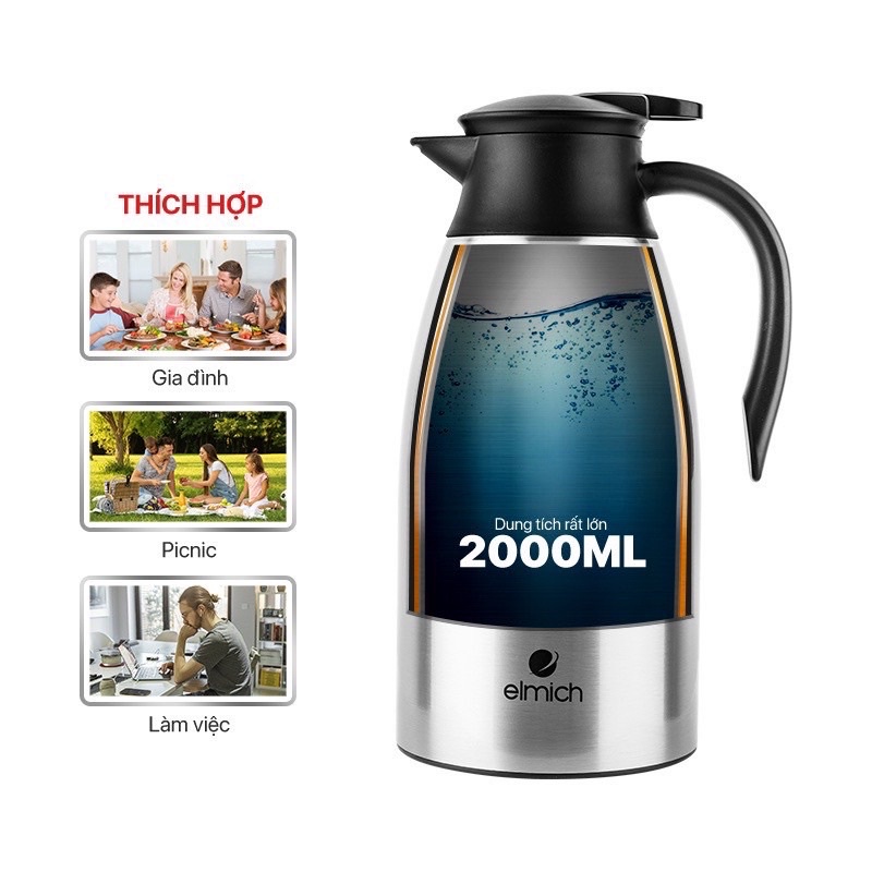 Bình Giữ Nhiệt Gia Đình Inox 304 Elmich EL-3689, EL-3690 Thể Tích 1500ml, 2000 ml