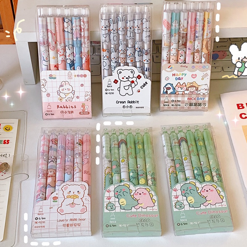 Bộ 6 Bút Bi Mực Đen Ngòi 0.5mm Hoạ Tiết Hoạt Hình Dễ Thương