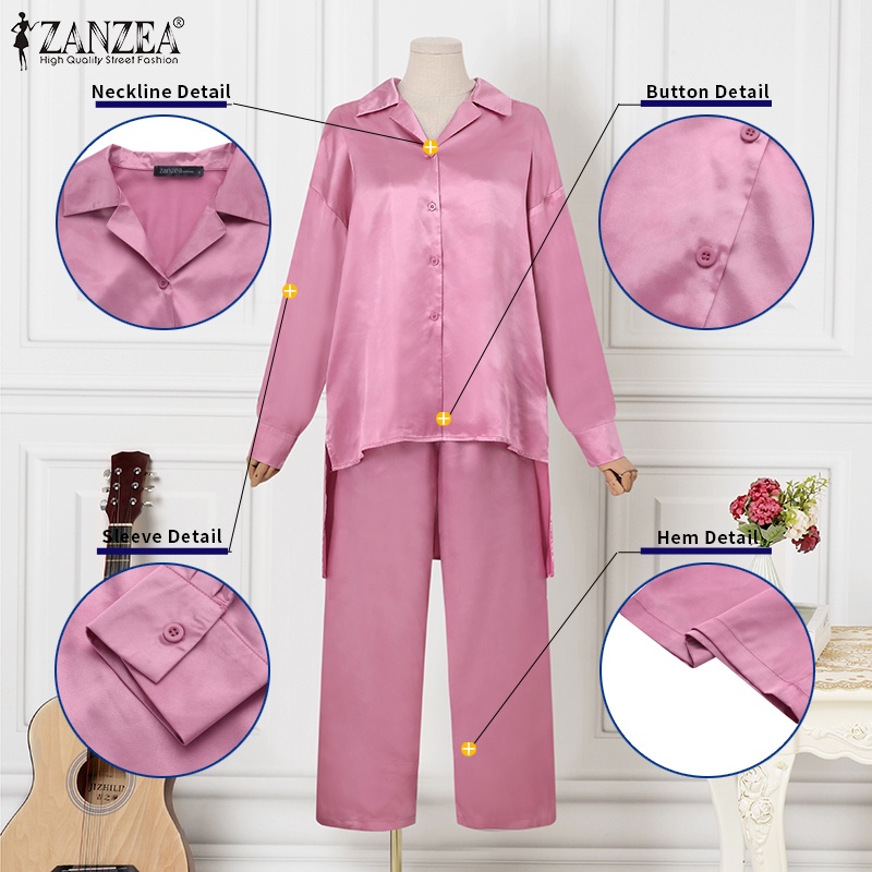 ZANZEA Set Áo Sơ Mi Dài Tay Cổ Bẻ + Quần Dài Lưng Thun Thời Trang Nữ