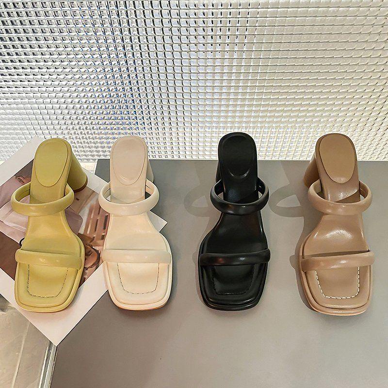 Giày Sandal Cao Gót Hở Ngón Có Khóa Cài Màu Be Dày Dặn Phong Cách Mới Yuan