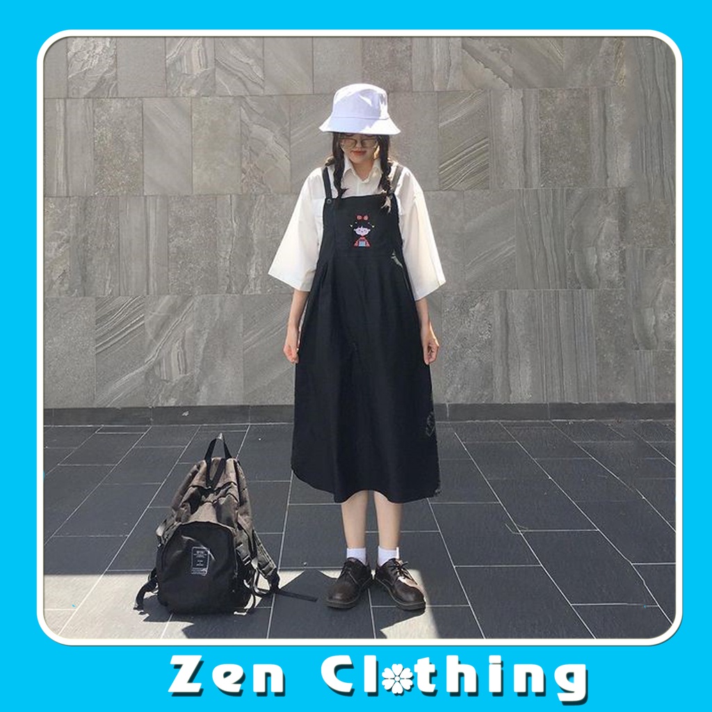 Váy yếm nữ suông thụng thêu hình cô bé xinh xắn túi trước đầm suông nữ ulzzang Zen Clothing Zen008 | BigBuy360 - bigbuy360.vn
