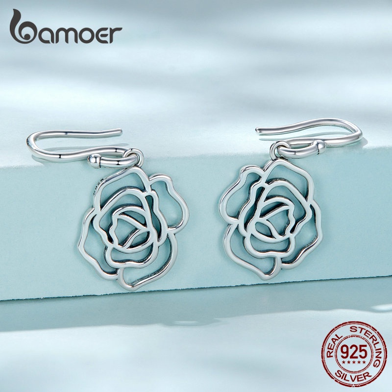 BAMOER Bông Tai Bạc 925 Hình Hoa Hồng Thời Trang Cho Nữ