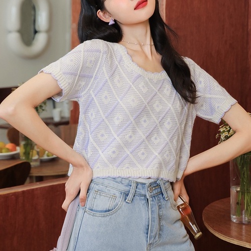 【ZHELIHANGFEI】Áo Thun Dệt Kim Ngắn Tay Form Rộng Thời Trang