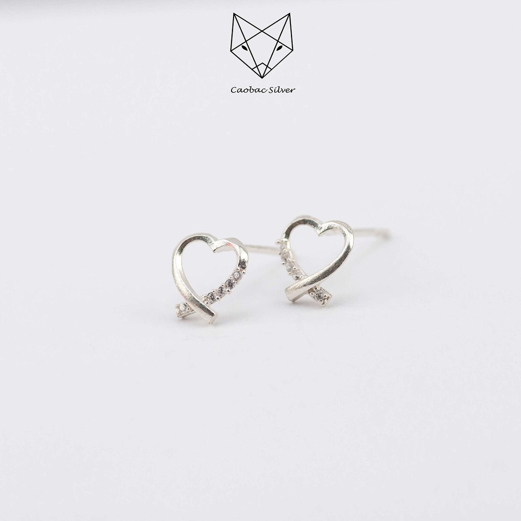 Khuyên Tai Bạc Ta Nữ CaoBac Silver Sợi Tim Một Hàng Đá Lấp Lánh Đơn Giản Đáng Yêu