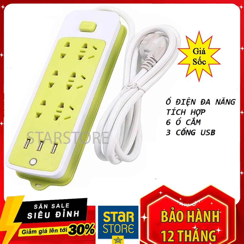 Ổ Cắm Điện Xanh Đa Năng Tích Hợp 6 Ổ Cắm, 3 Cổng USB An Toàn Khi Sử Dụng