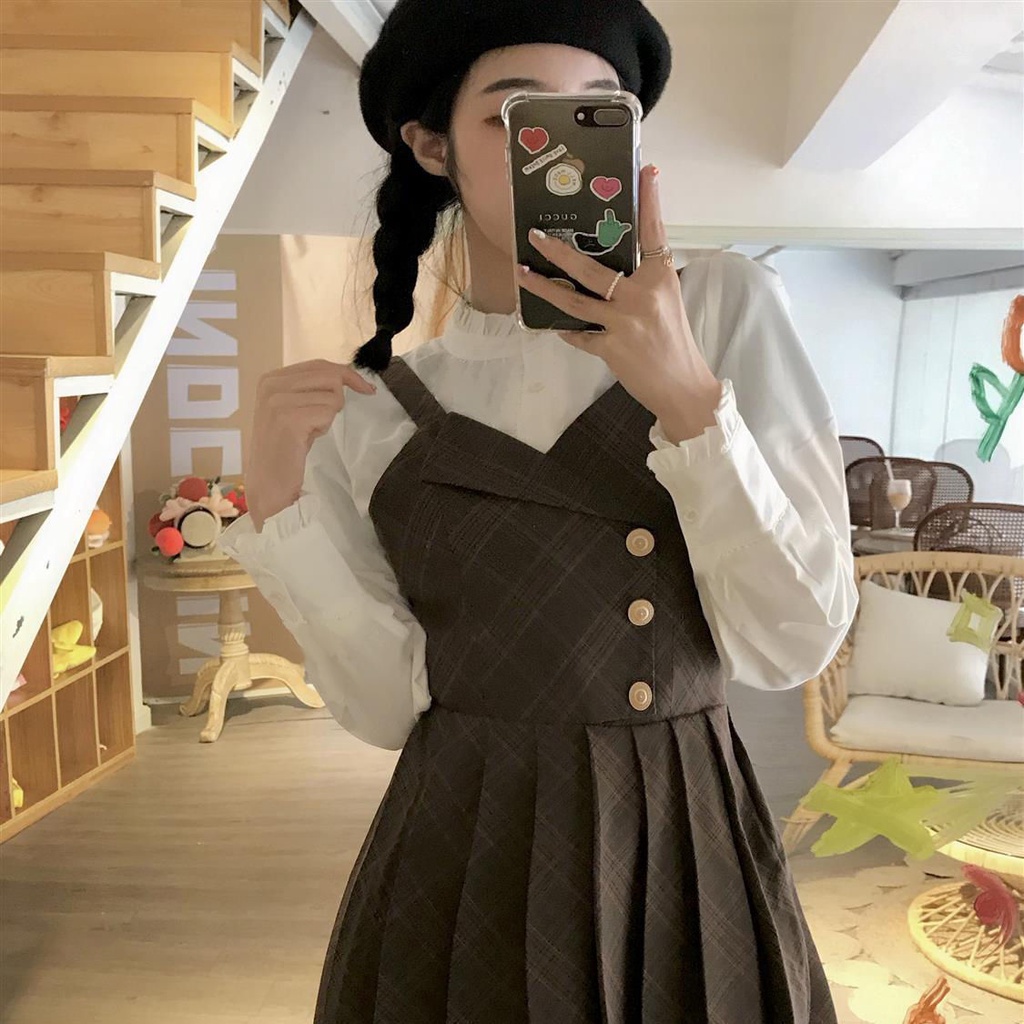 Bộ Áo Sơ Mi + Đầm Hai Dây Xếp Ly Kẻ Sọc Kiểu Pháp Thời Trang Xuân Thu Mới Cho Nữ 2021