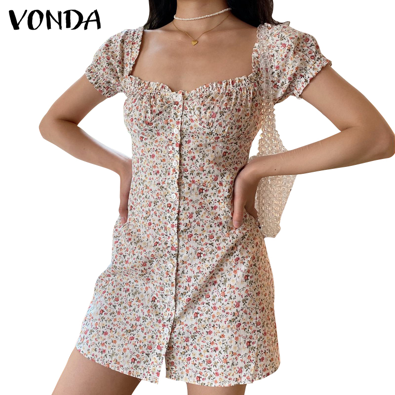 Vonda Đầm Tay Ngắn Phối Nút Họa Tiết Hoa Phong Cách Hàn Quốc Thời Trang Mùa Hè Cho Nữ | BigBuy360 - bigbuy360.vn