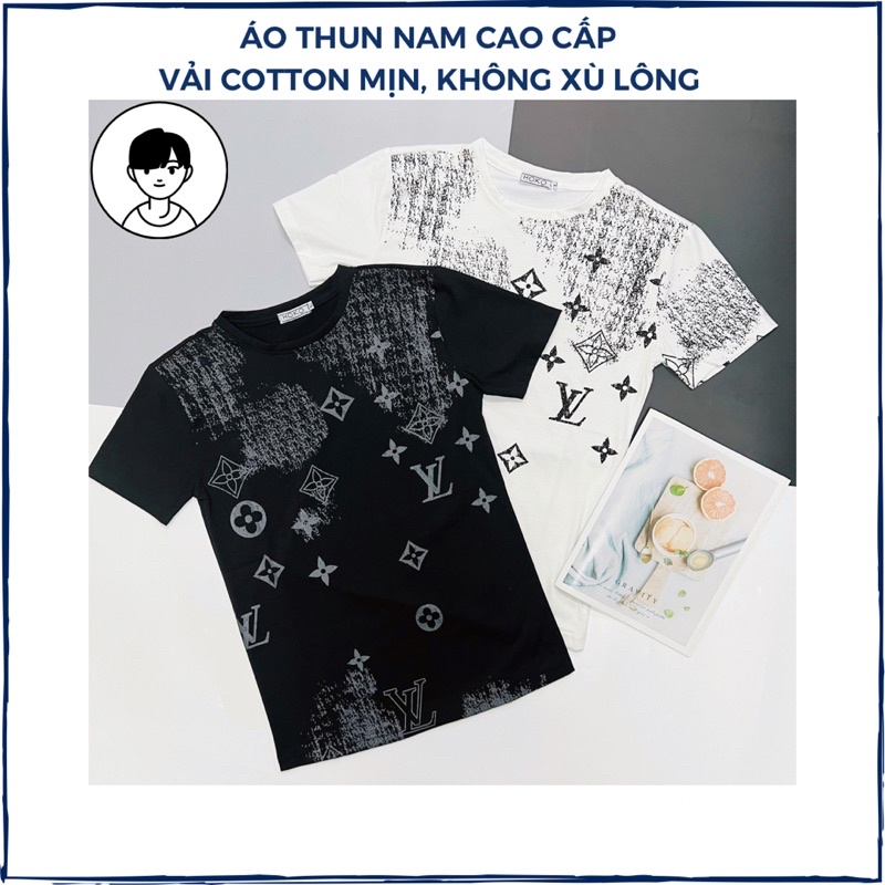 Áo thun nam cổ tròn, áo phông nam tay ngắn vải cotton mát không xù lông in hình LV form chuân thun lạnh