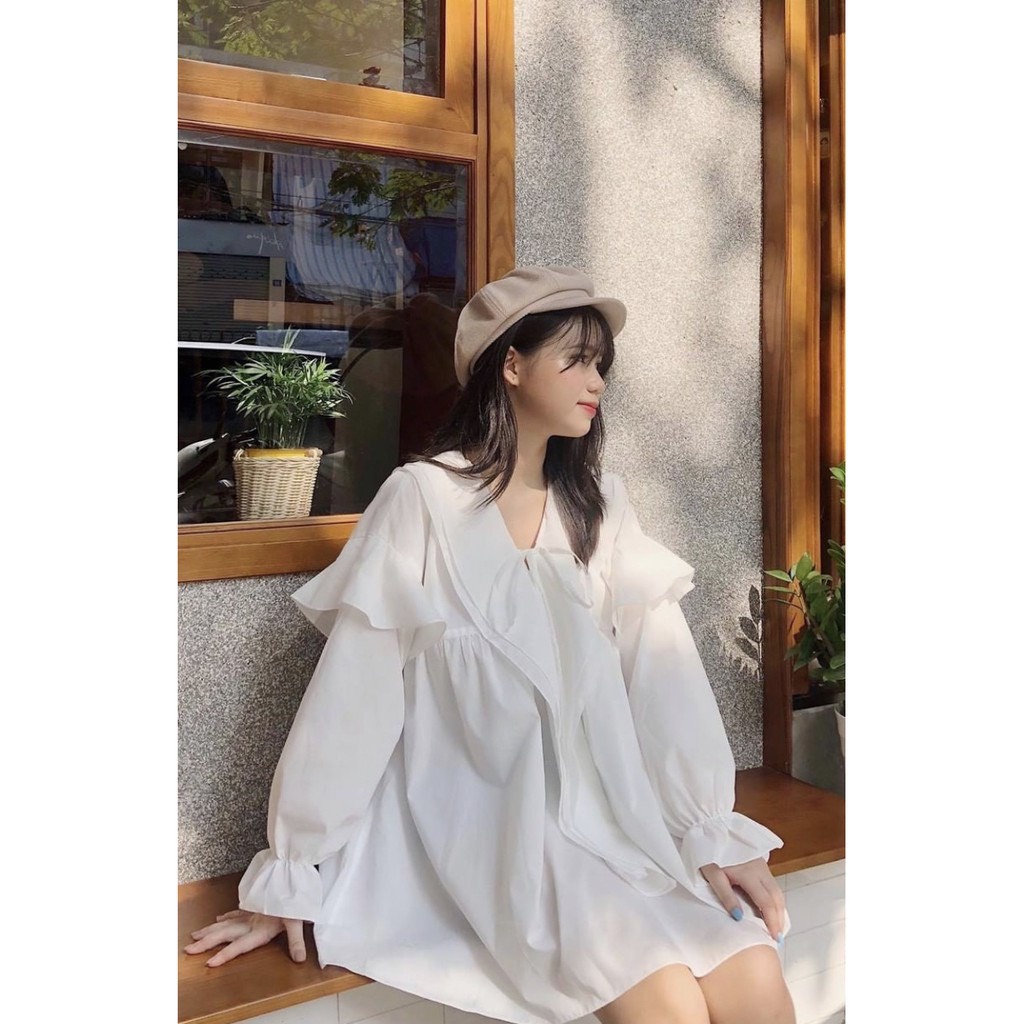 Áo Babydoll cổ nhọn bèo tầng thắt nơ tiểu thư