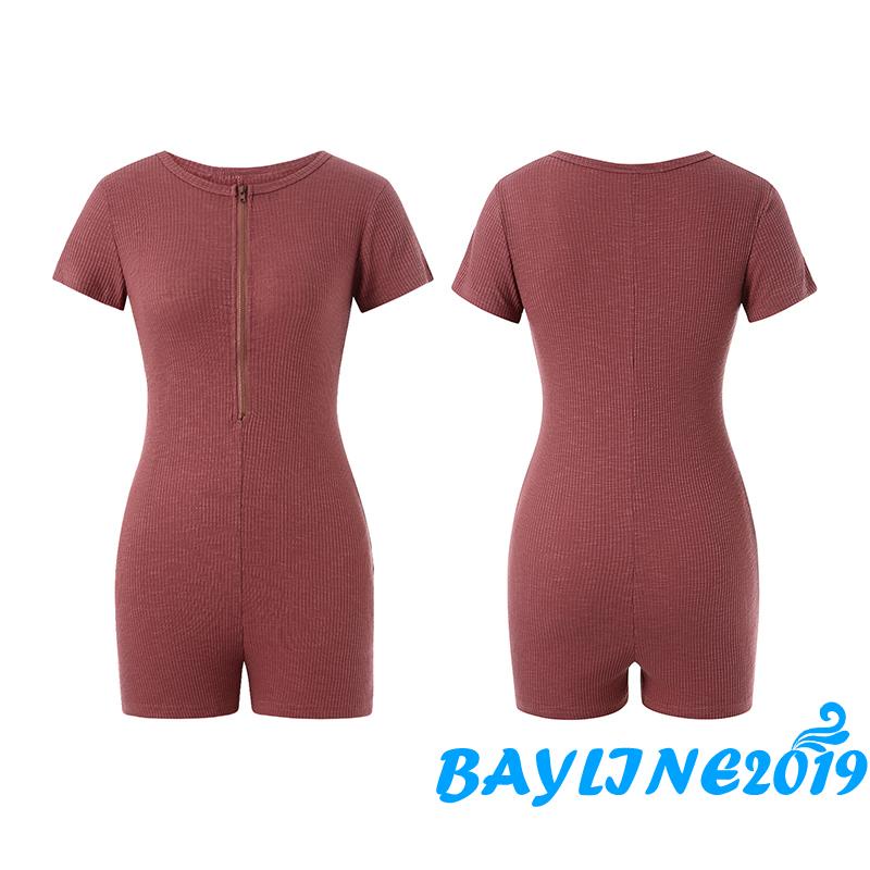 Bộ Áo Liền Quần Dệt Kim Tay Ngắn Cổ Chữ V Phối Khóa Kéo Thời Trang Cho Nữ