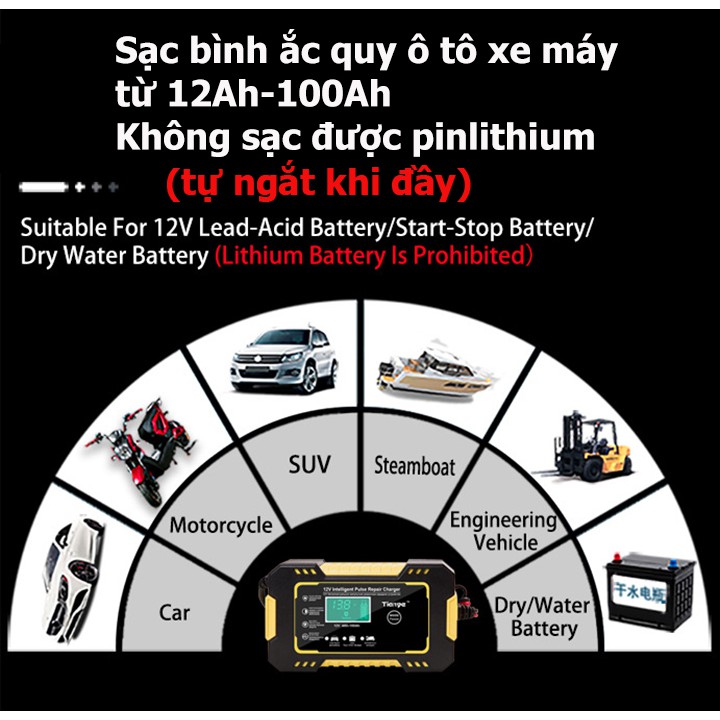 Sạc bình ắc quy 12v 100Ah TIANYE có khử sunfat dòng sạc 12V 6A - chống ngược cực chống chập bảo vệ bình