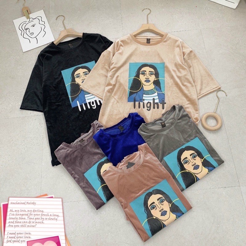 Áo thun nhung Unisex in hình cô gái cực chất, áo phông from rộng hàng Quảng châu - AT21105
