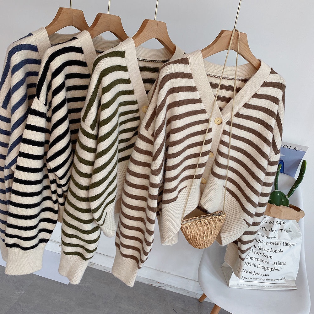 Áo Khoác Cardigan Len Dệt Kim Cổ Chữ V Dáng Rộng Mềm Mại Họa Tiết Kẻ Sọc Phong Cách Hàn Quốc Dành Cho Nữ