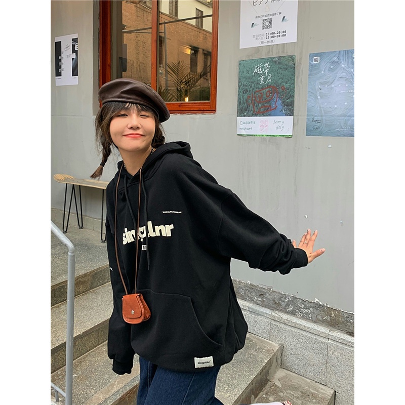 Áo hoodie dáng rộng họa tiết chữ thời trang Hàn Quốc