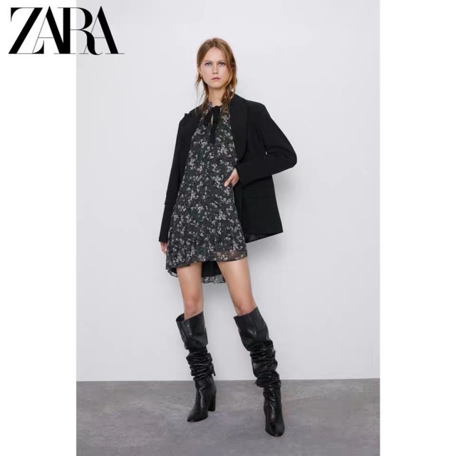 Đầm ZARA hoa nhí xanh trầm cổ nơ kín đáo xinh đẹp DH1XG5N5