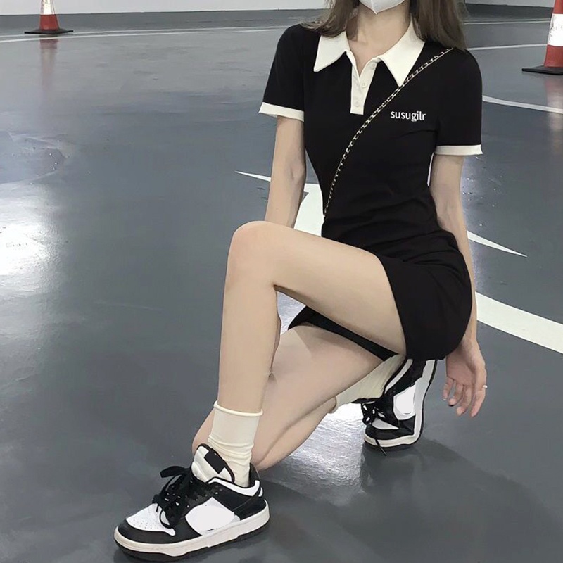 Brroa Đầm Mini Tay Ngắn Dáng Ôm Cài Nút Trước Phối Màu Tương Phản Thời Trang Mùa Hè Cho Nữ