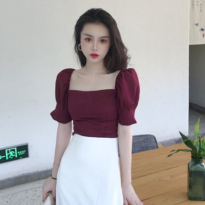 Set áo tay bồng cổ vuông dáng lửng màu đỏ mix chân váy / đầm trắng xẻ tà dáng dài xinh xắn V00128 | BigBuy360 - bigbuy360.vn