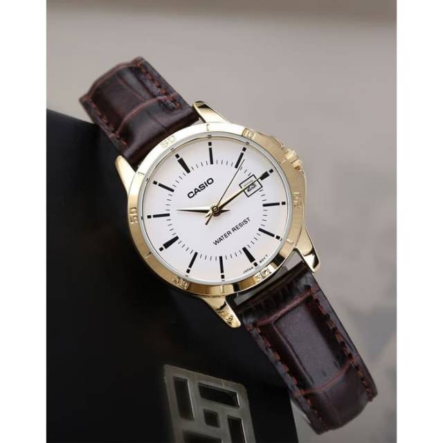 Đồng hồ Nữ Casio LTP-V004GL-7AUDF, đồng hồ chính hãng, dây da nâu mặt trắng viền vàng
