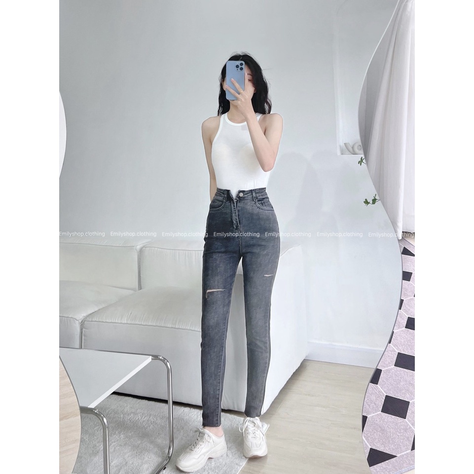 Quần jean skinny nữ dáng ôm lưng siêu cao trơn basic Emilyshop ulzzang