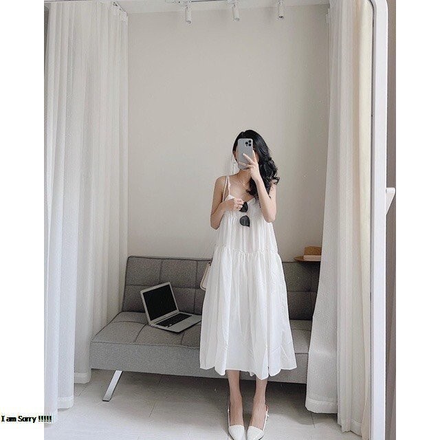Váy Đầm 2 Hai Dây Nữ Xòe 3 Tầng Form Suông Dáng Dài Freesize Chất Đũi Lụa Dễ Thương