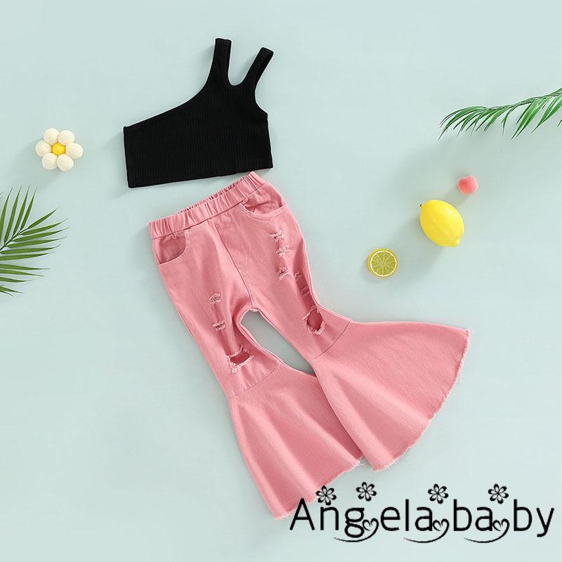 Hian-bộ Áo Không Tay Khoét Vai + Quần Dài Ống Loe Lưng Thun Phối Rách Cho Bé Gái