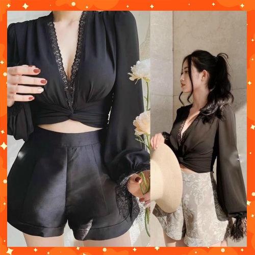 Áo voan cổ V phối ren cột nơ eo thời trang dễ phối đồ cho nữ dưới 54kg sang chảnh AN HI