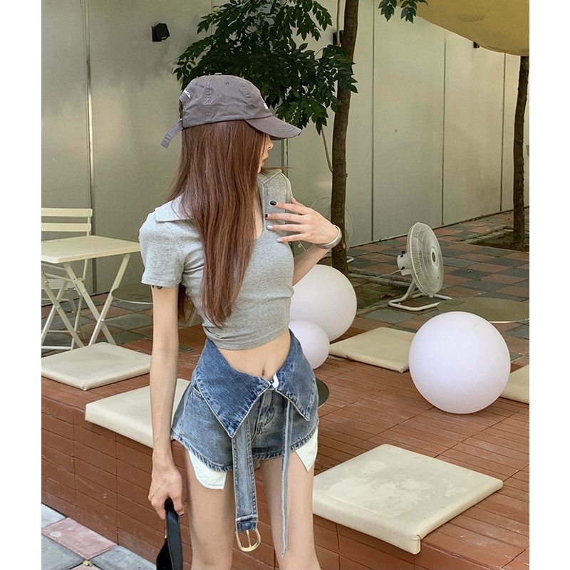 Đốt Cháy Hết Nóng, Quần Short Jean Giả Hai Lớp Viền Lông Màu Xanh Nhạt Cá Tính Cho Nữ